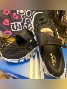 adidas Black and Silver Mesh Mary-Jane Slip-On Sneakers